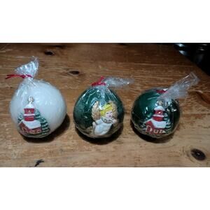 Vintage 3"L Robert Alan Church & Angel Christmas Holiday Round Ball Candles Set